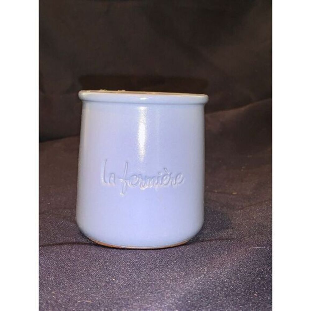One (1) La Fermiere‎ Terra Cotta Pot Periwinkle Blue Glazed French Yogurt Crock